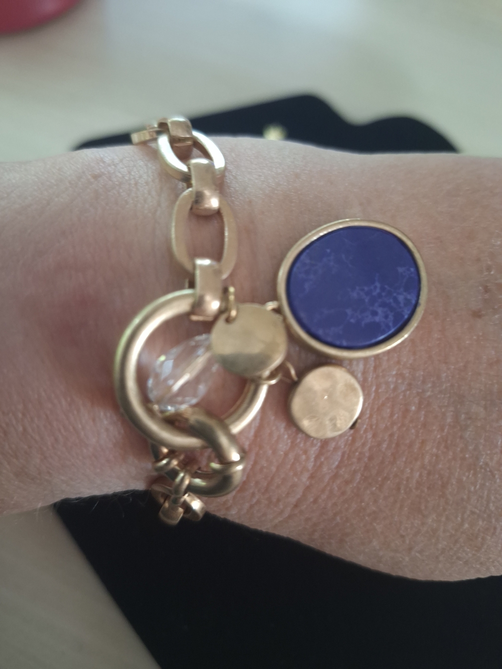 Gold-Tone Charm Bracelet with Blue Marbled Round Enamel Charm